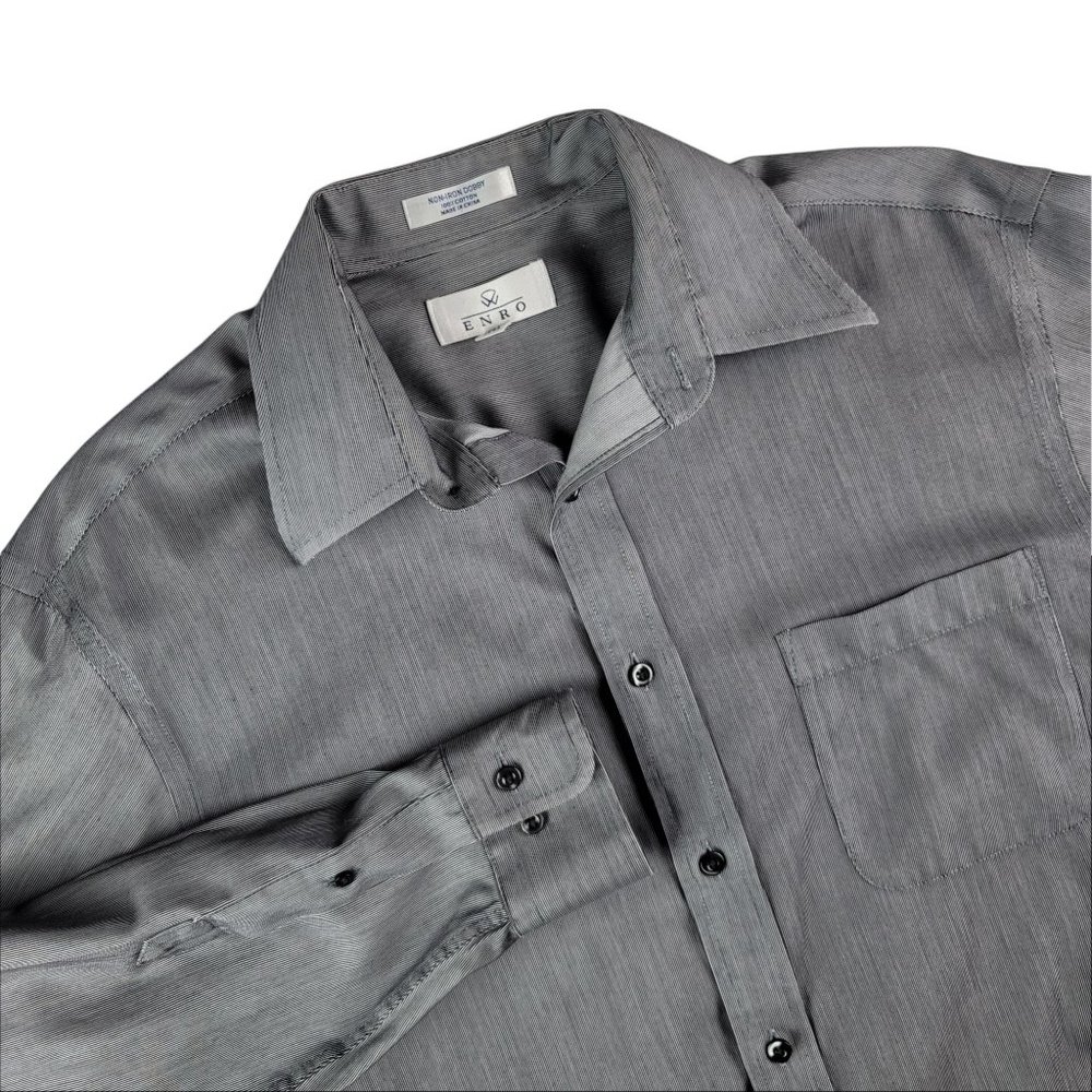 ENRO Dress Shirt Size 15.5 32-33 Men's Non-Iron Dobby Black Striped 100% Cotton